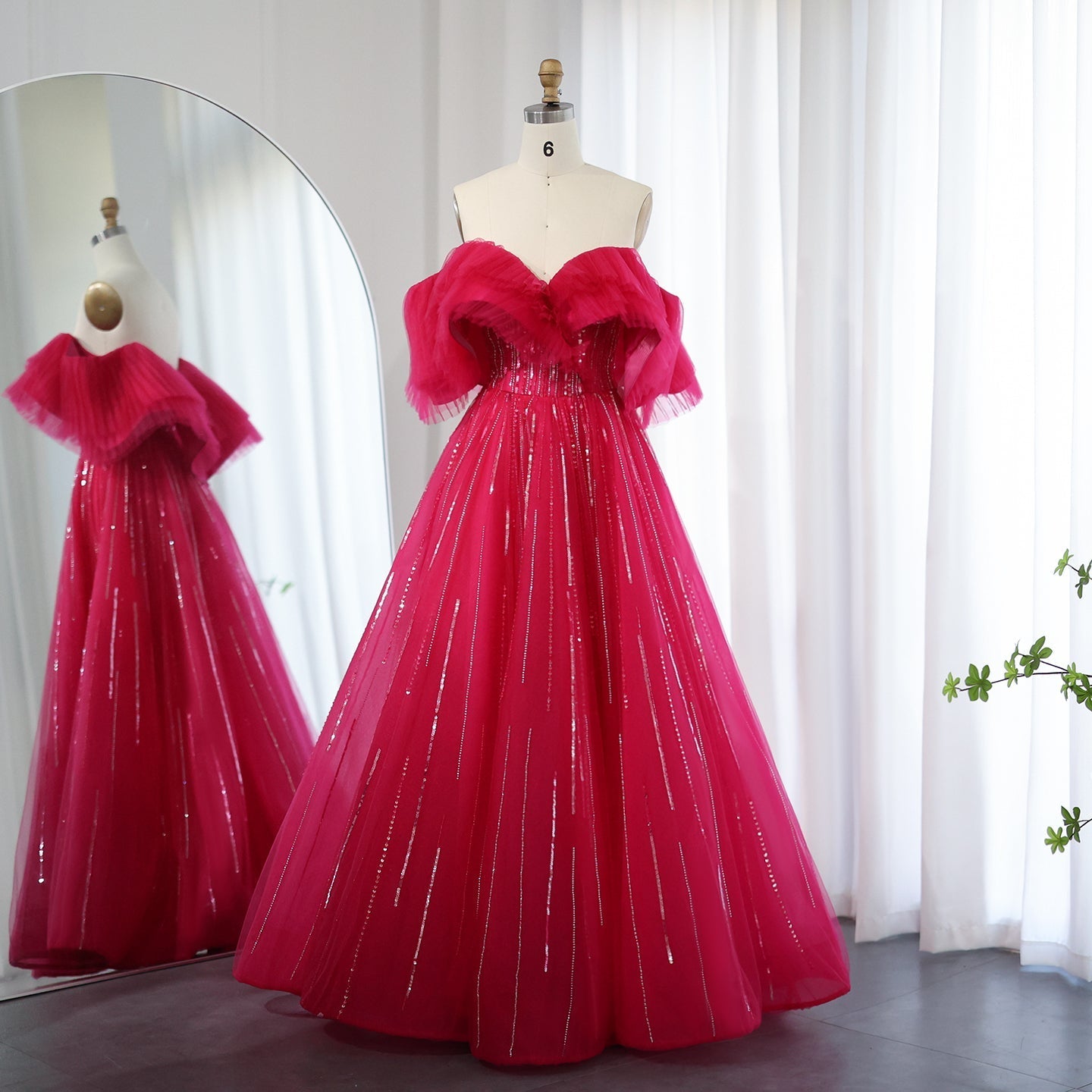 Dreamy Vow Luxury Dubai Ball Gown Fuchsia Evening Dress for Women Wedding 2023 Off Shoulder Arabic Celebrity Party Gown 390