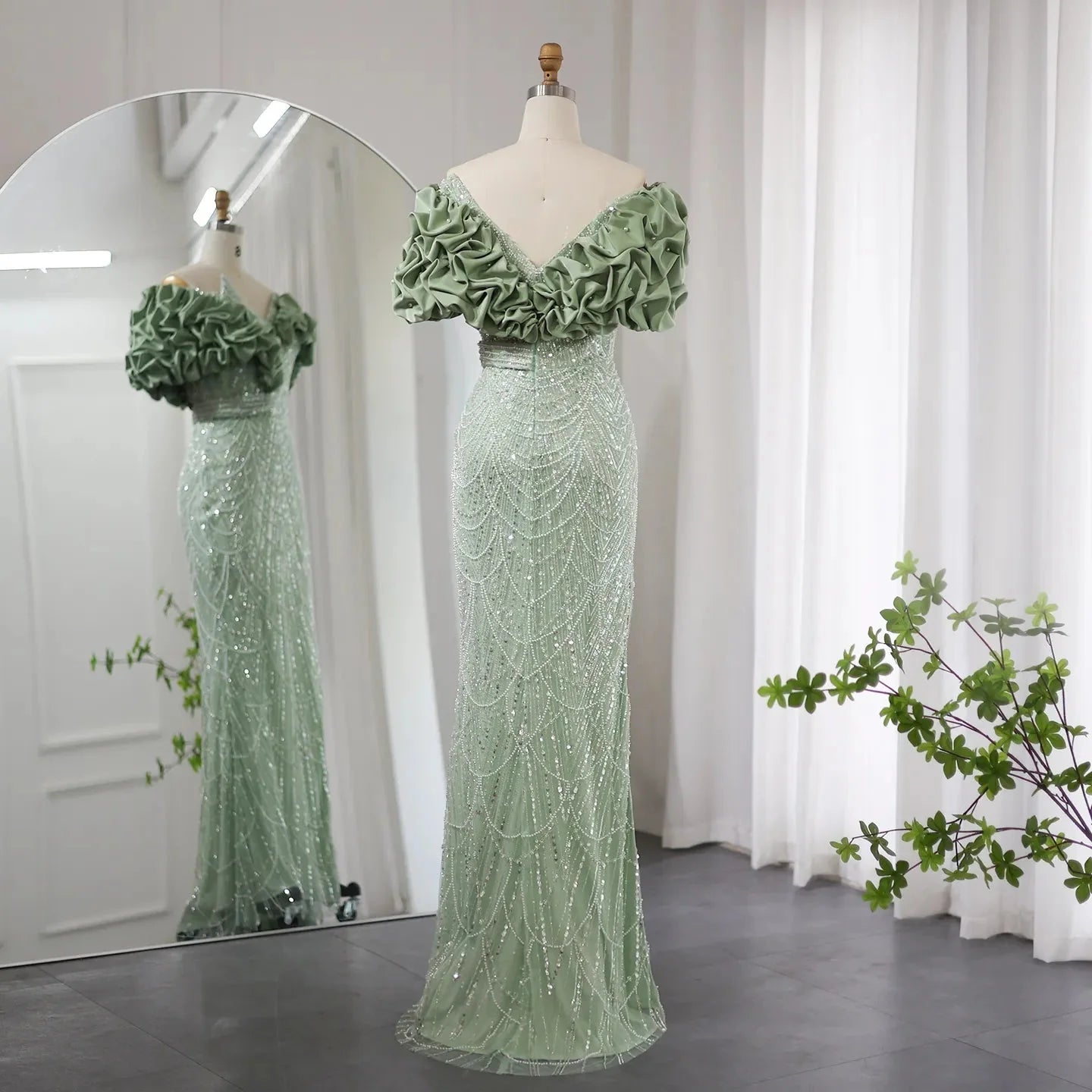 Elegant Off Shoulder Mermaid Sage Green Slit Evening Dress SS288