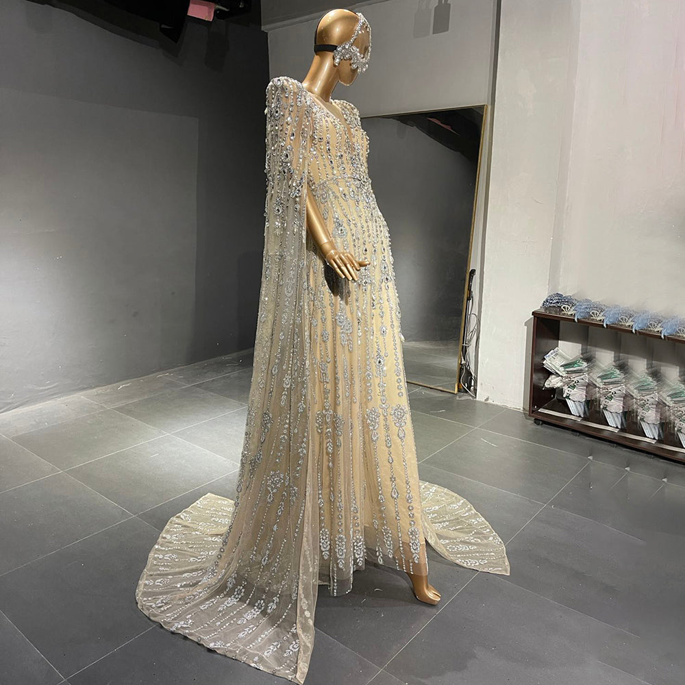 Luxury Crystal Pearls Evening Dress with Cape Sleeves SS750