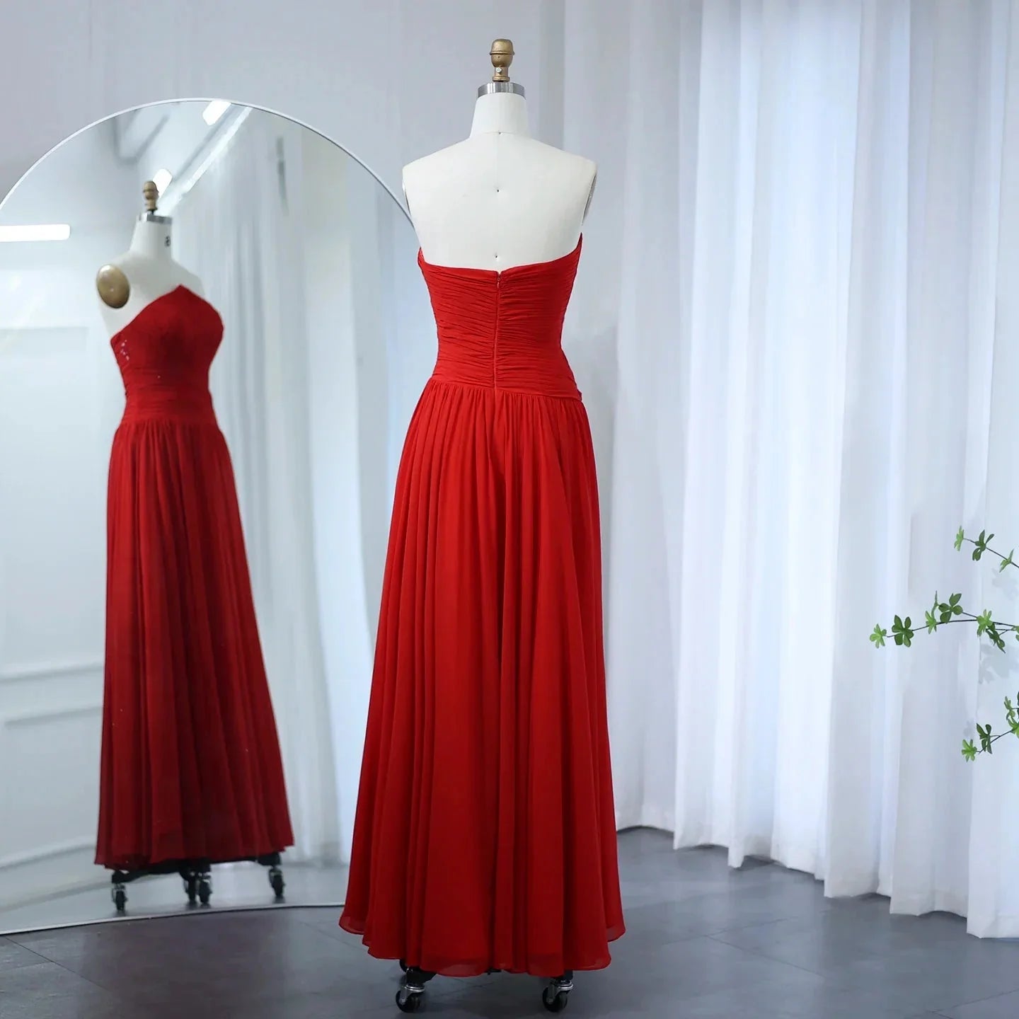 Arabic Burgundy Chiffon Strapless Evening Dress with Slit SF141