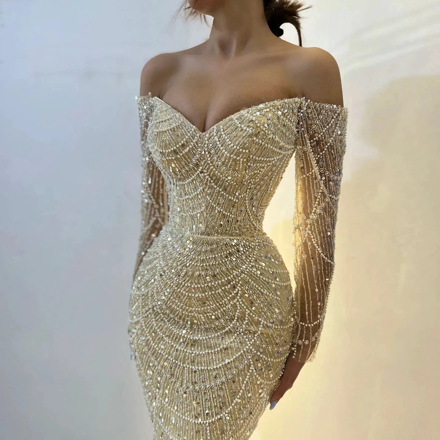 Luxury Off Shoulder Long Sleeves Mermaid Evening Dress SS609