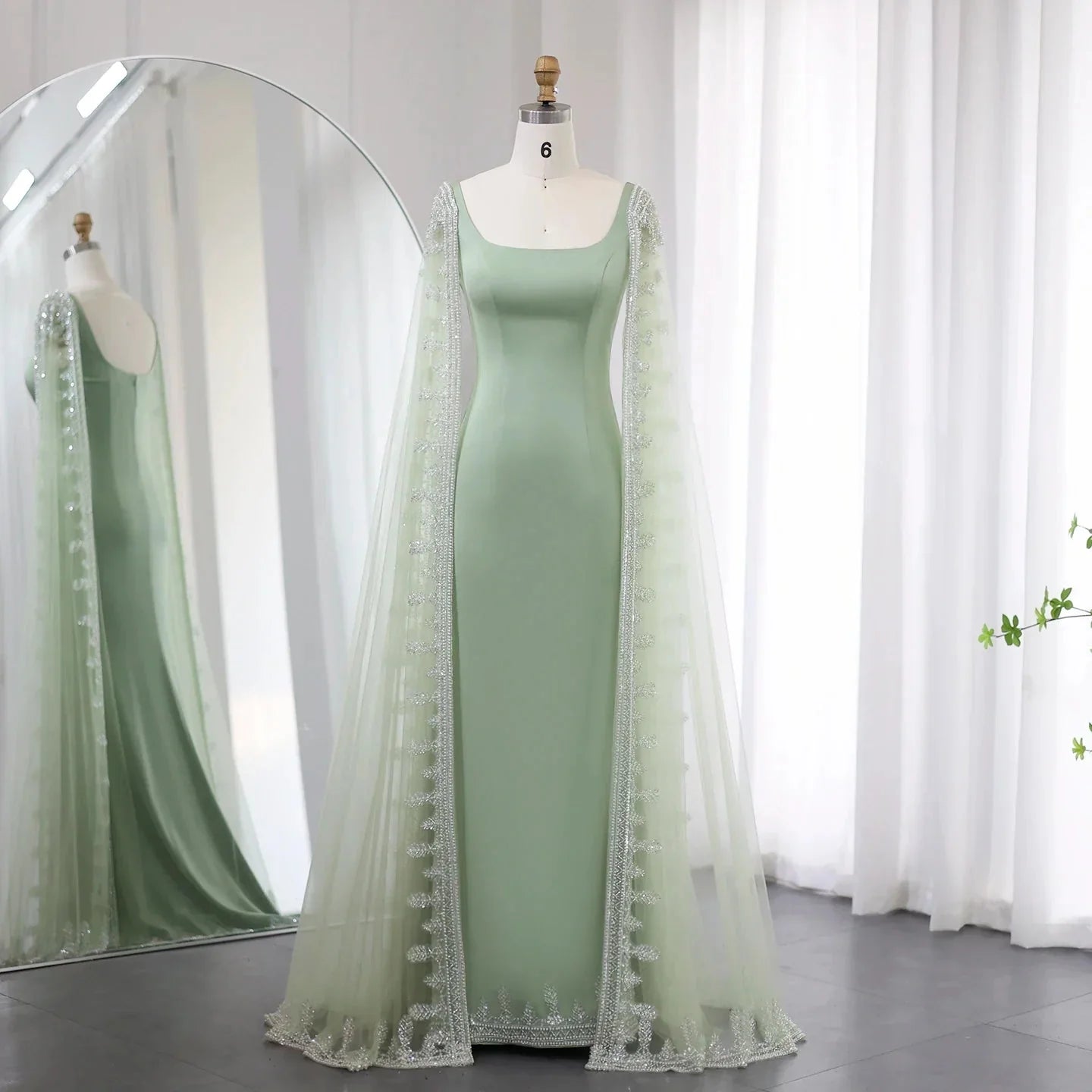 Luxury Crystal Blue Evening Dress with Cape Sleeves SS445  Sage Green / US 16