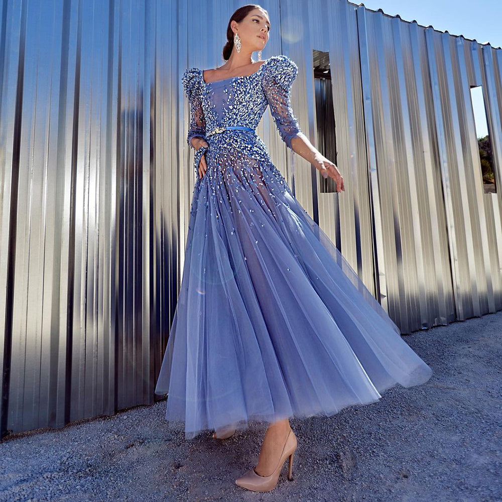 For Sale Luxury Beaded Blue Evening Dress with Half Sleeves SS240