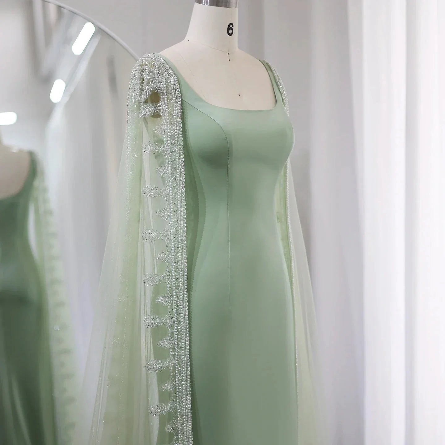 Luxury Crystal Blue Evening Dress with Cape Sleeves SS445