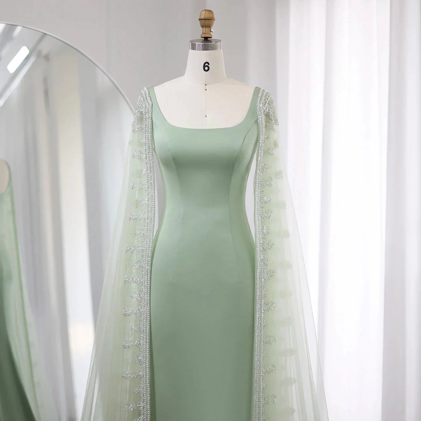 Luxury Crystal Blue Evening Dress with Cape Sleeves SS445