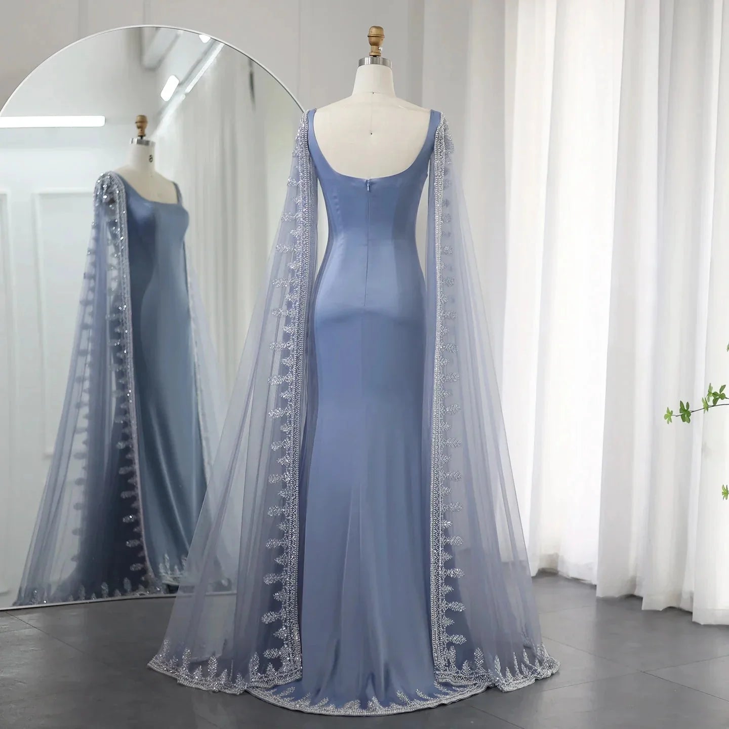 Luxury Crystal Blue Evening Dress with Cape Sleeves SS445