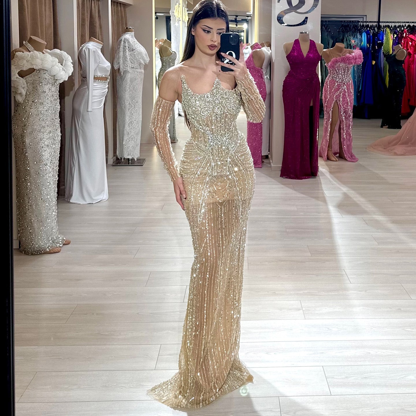 Luxury Feather Pink Beaded Mermaid Strapless Evening Dress SS067