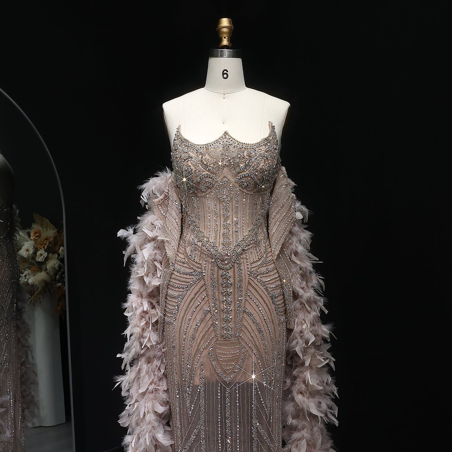 Luxury Feather Pink Beaded Mermaid Strapless Evening Dress SS067