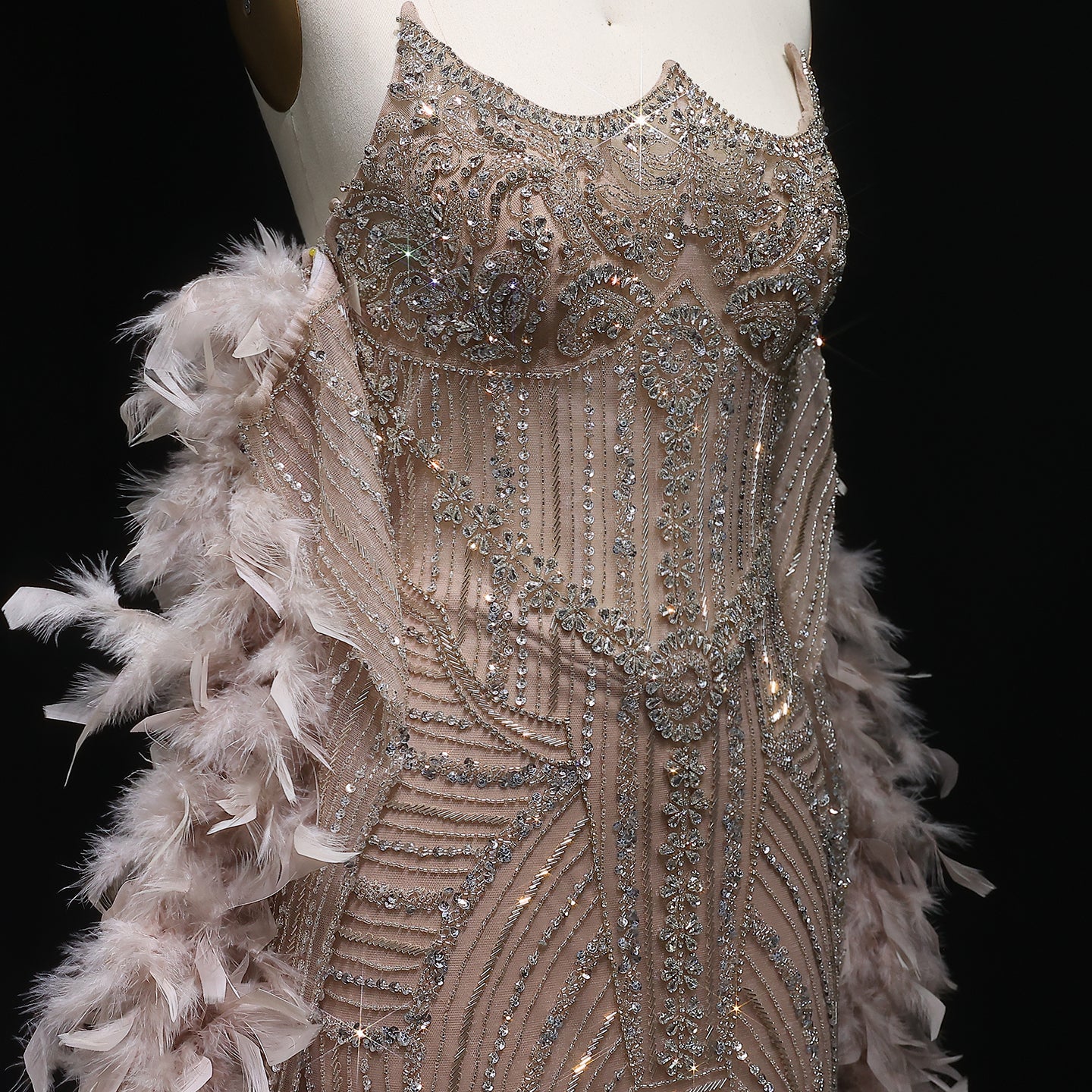 Luxury Feather Pink Beaded Mermaid Strapless Evening Dress SS067