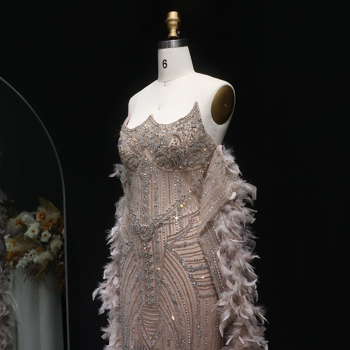 Luxury Feather Pink Beaded Mermaid Strapless Evening Dress SS067