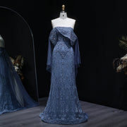 Luxury Blue Off Shoulder Beaded Arabic Evening Dress SS083