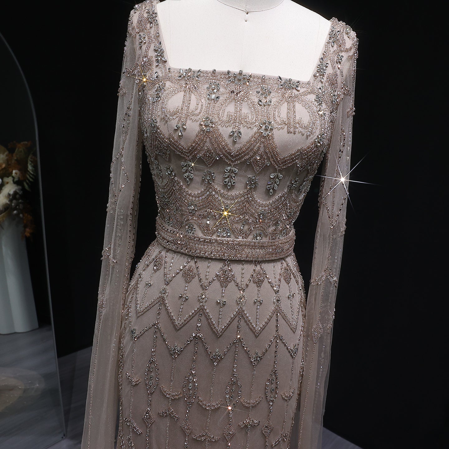 Luxury Beaded Turquoise Evening Dress with Cape Sleeves SS089 