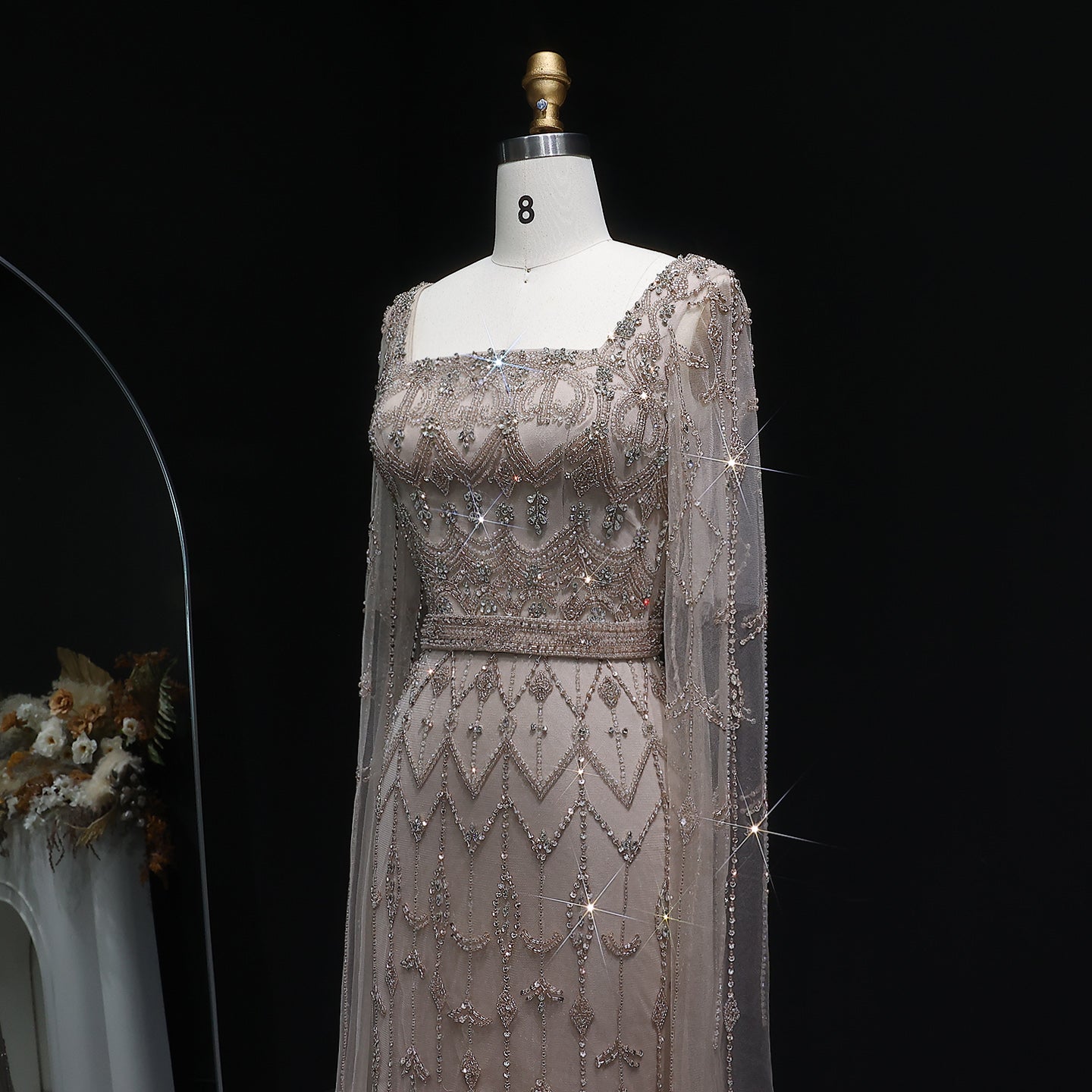 Luxury Beaded Turquoise Evening Dress with Cape Sleeves SS089 