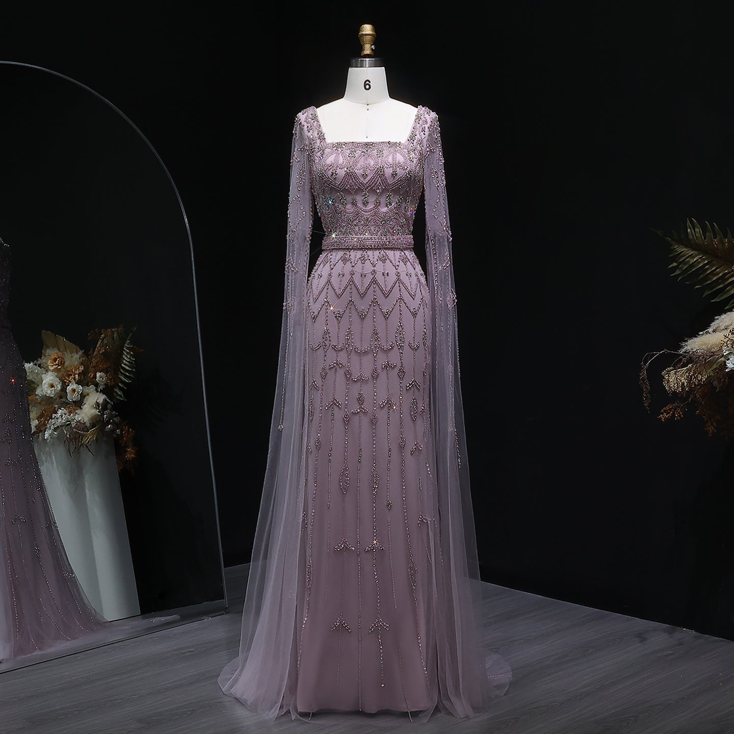 Luxury Beaded Turquoise Evening Dress with Cape Sleeves SS089 