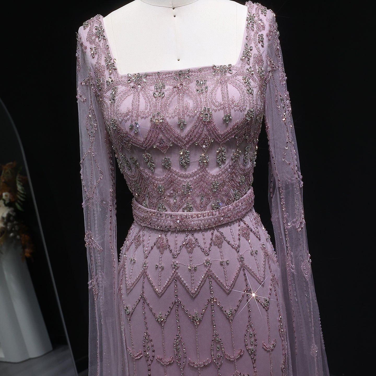 Luxury Beaded Turquoise Evening Dress with Cape Sleeves SS089 