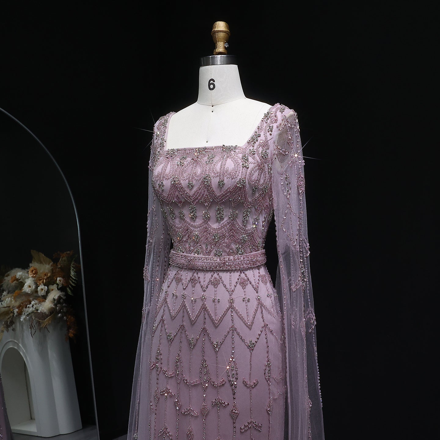 Luxury Beaded Turquoise Evening Dress with Cape Sleeves SS089 