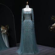 Luxury Beaded Turquoise Evening Dress with Cape Sleeves SS089 
