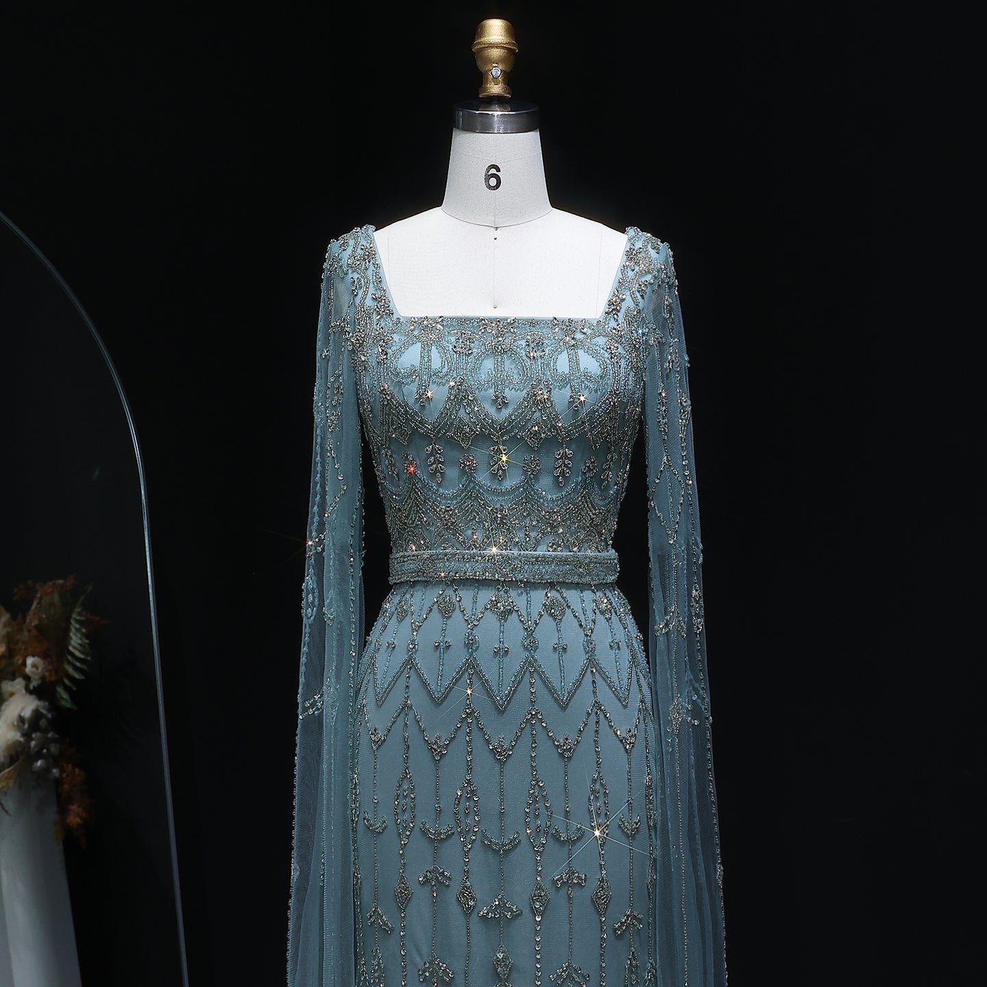 Luxury Beaded Turquoise Evening Dress with Cape Sleeves SS089 