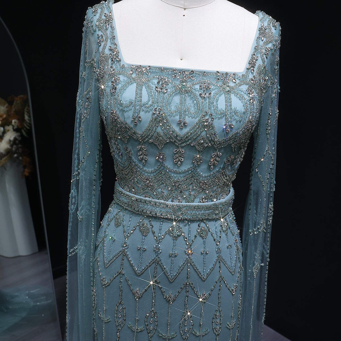Luxury Beaded Turquoise Evening Dress with Cape Sleeves SS089 