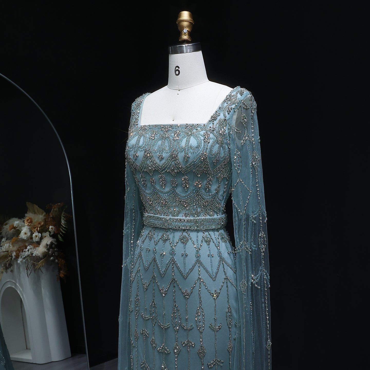 Luxury Beaded Turquoise Evening Dress with Cape Sleeves SS089 
