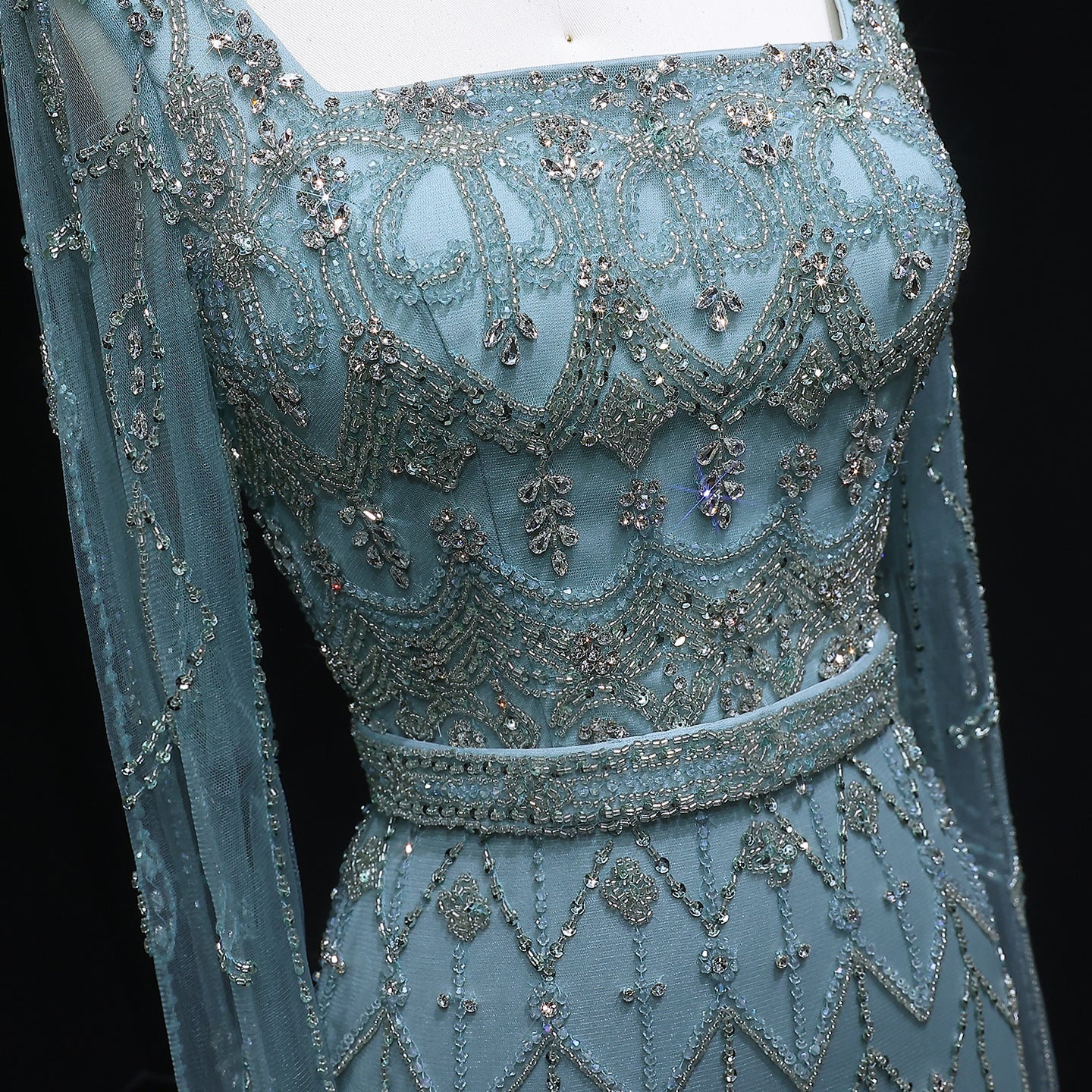 Luxury Beaded Turquoise Evening Dress with Cape Sleeves SS089 