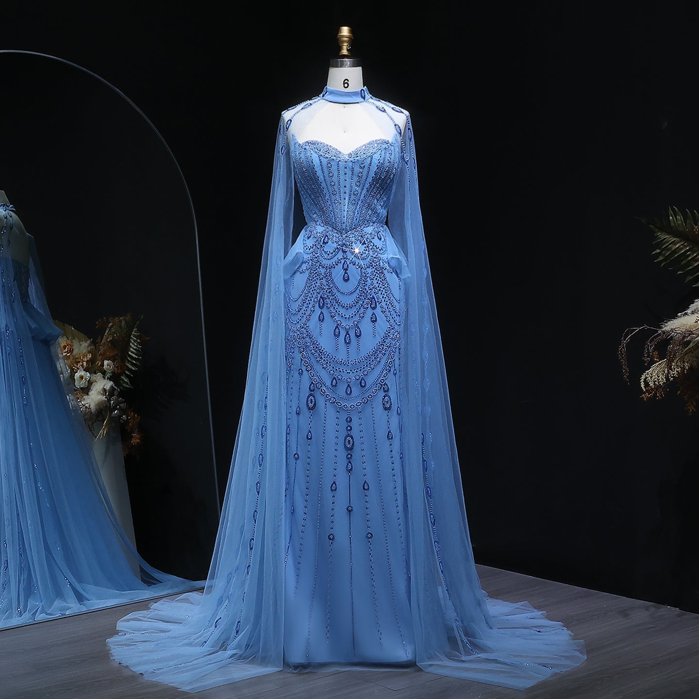 Elegant Beaded Blue Evening Dress with Cape Sleeves and Overskirt SS092 
