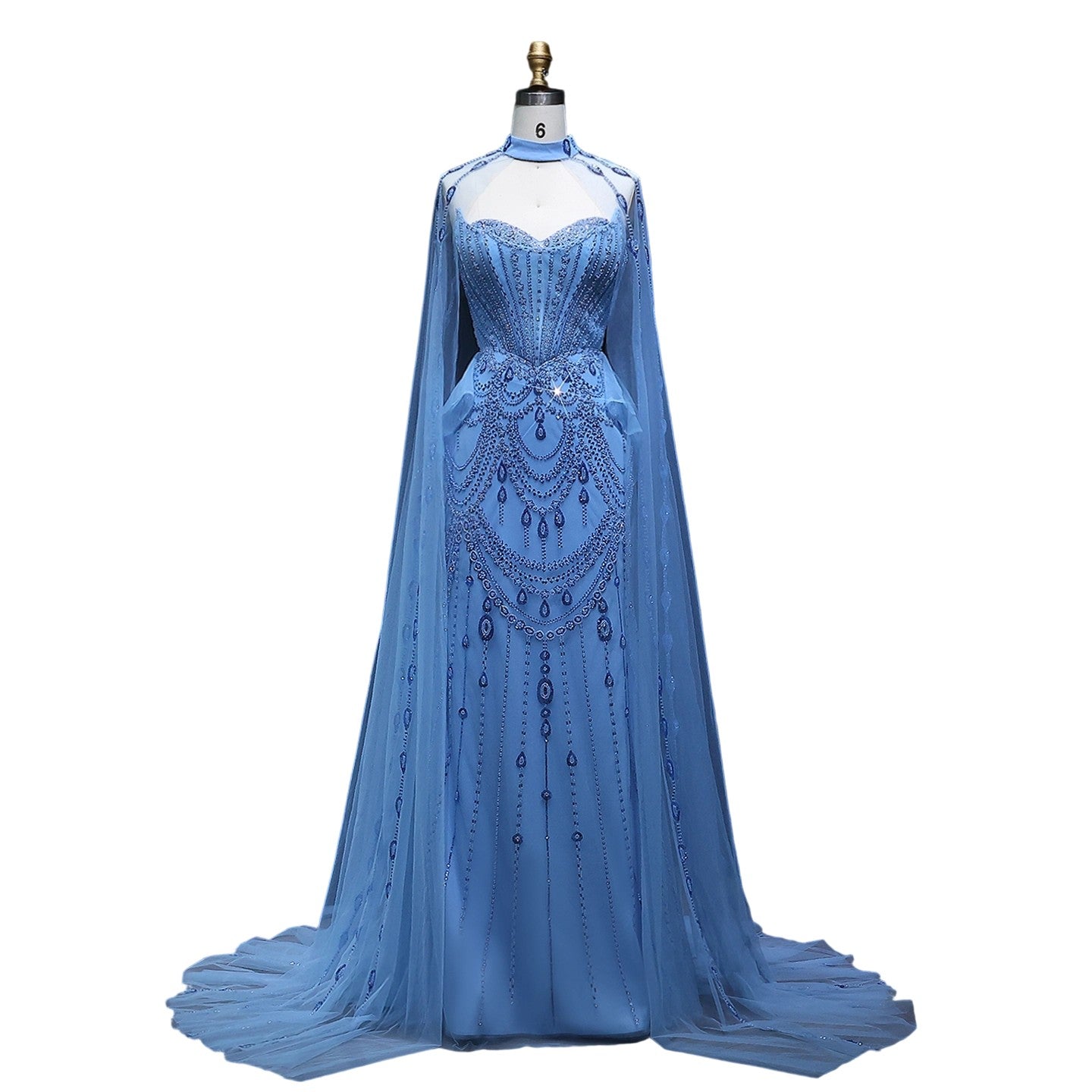 Elegant Beaded Blue Evening Dress with Cape Sleeves and Overskirt SS092 