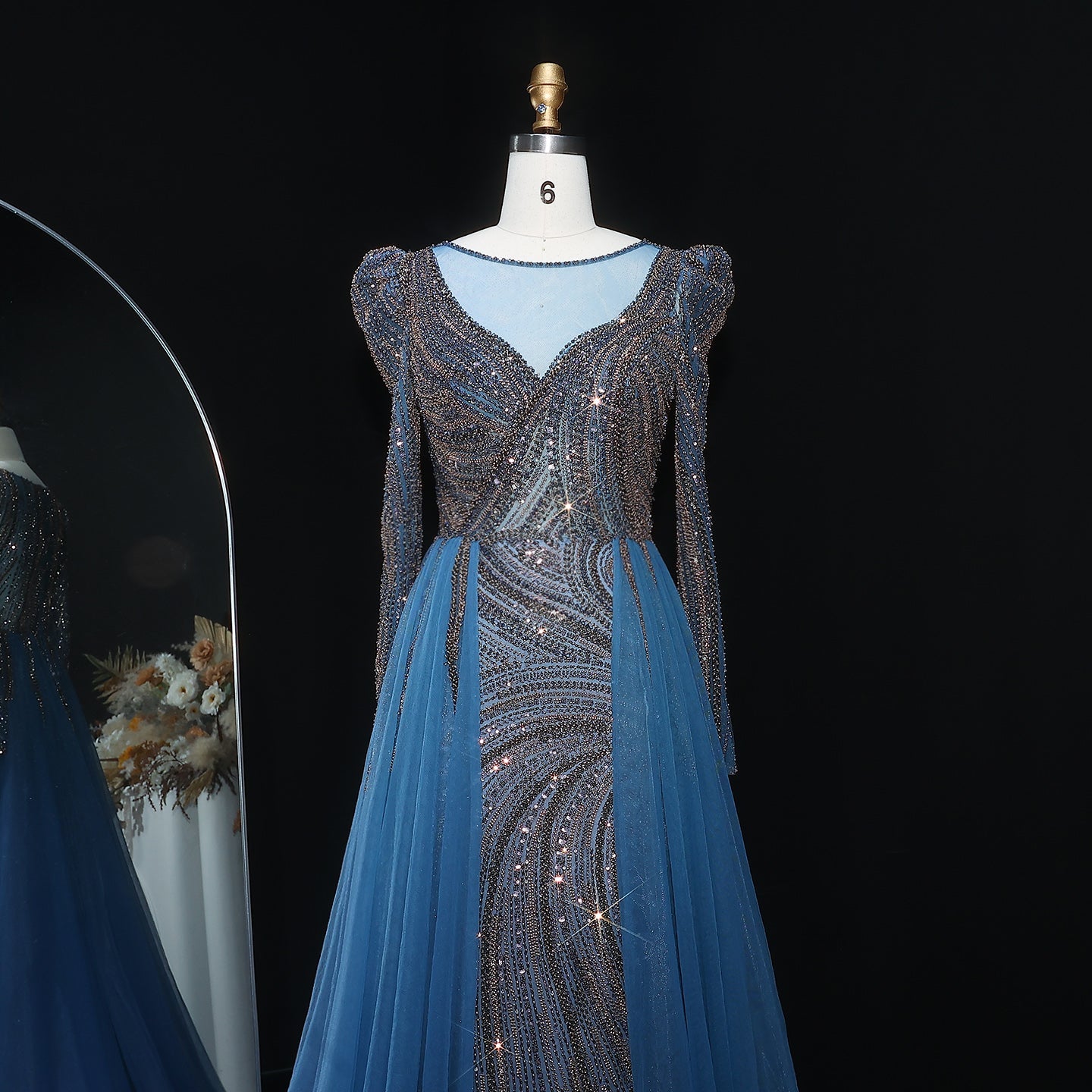 Luxury Crystal Beaded Blue Evening Dress with Overskirt SS100 