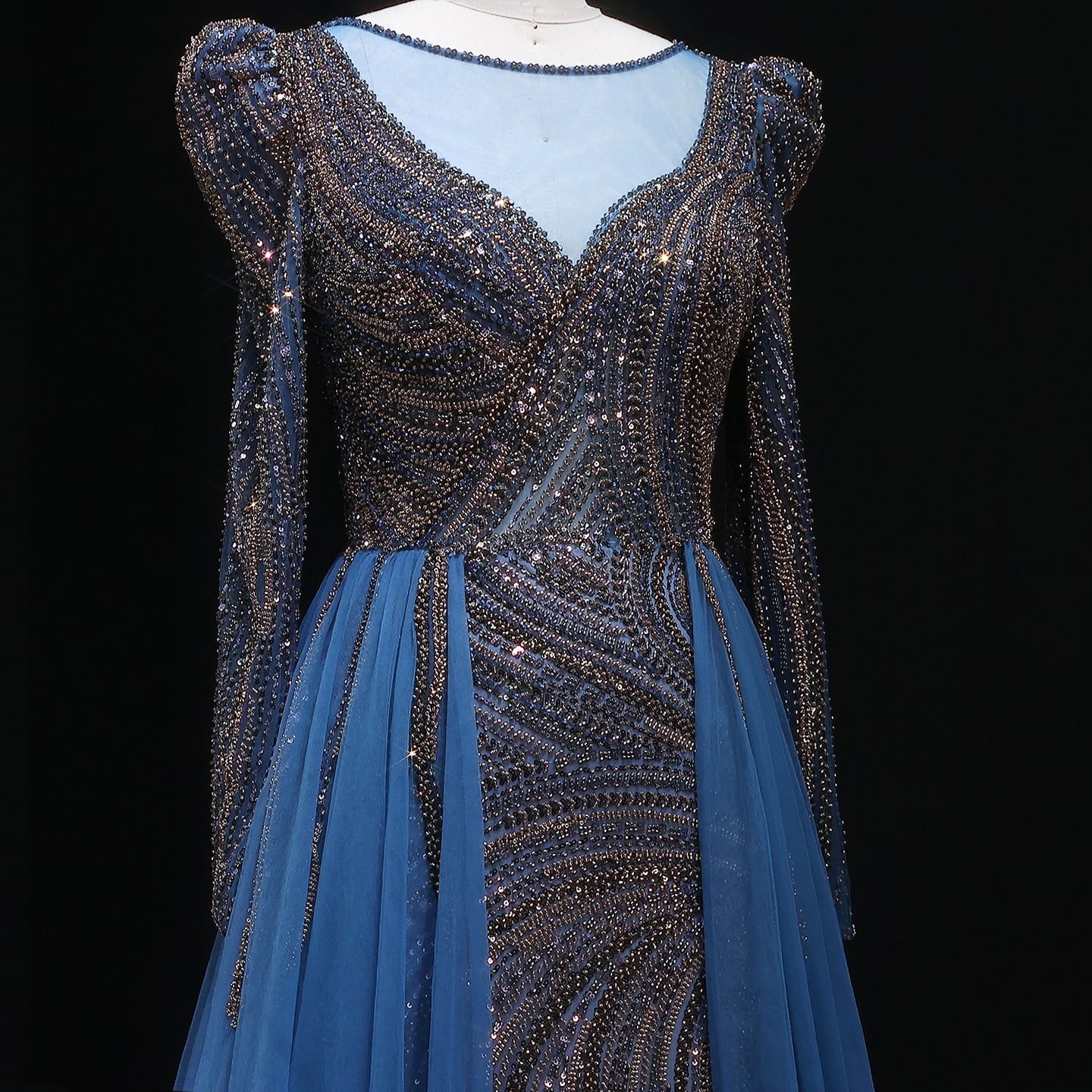 Luxury Crystal Beaded Blue Evening Dress with Overskirt SS100 
