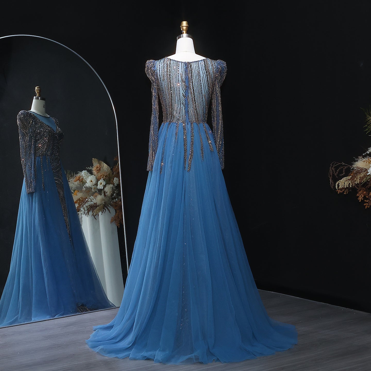 Luxury Crystal Beaded Blue Evening Dress with Overskirt SS100 