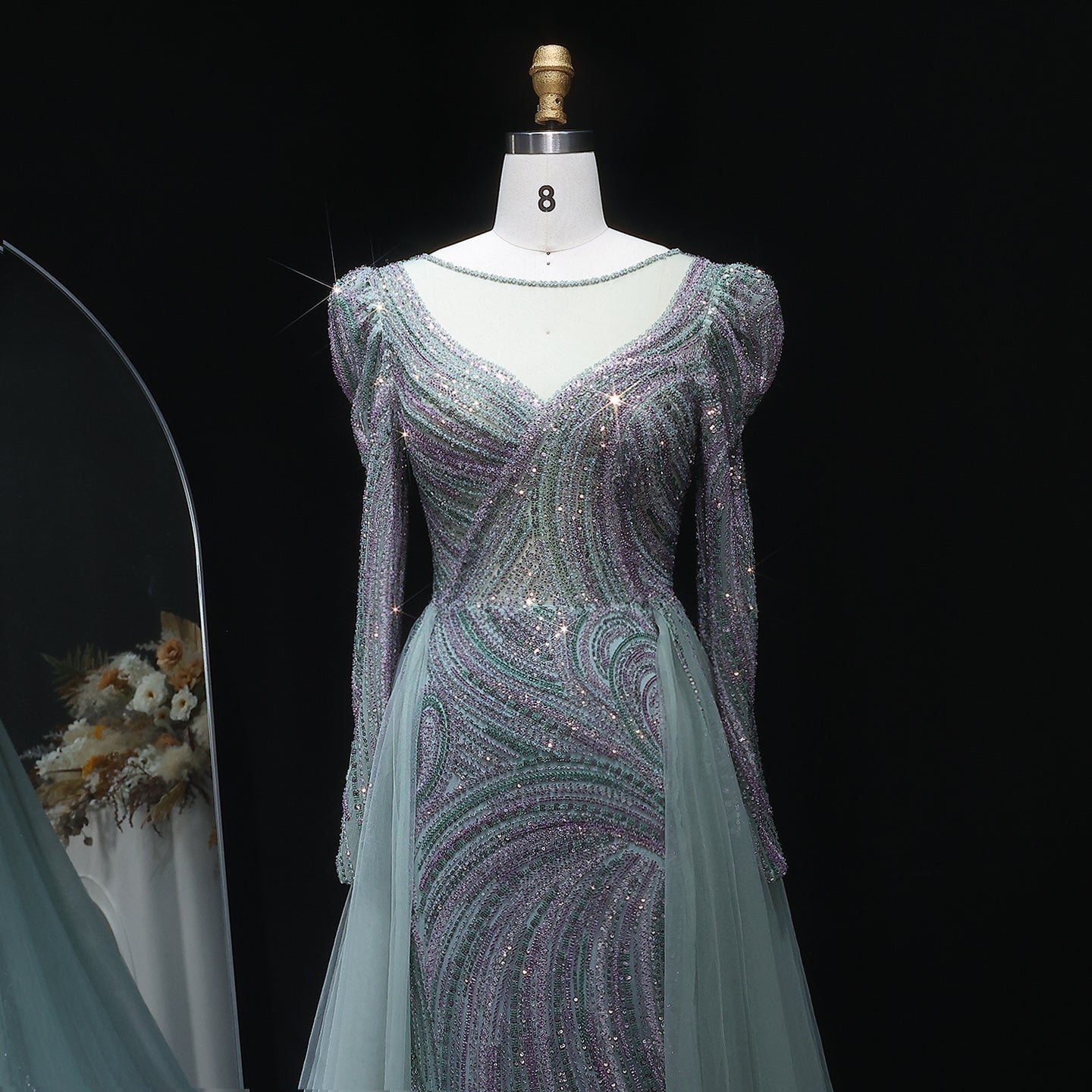 Luxury Crystal Beaded Blue Evening Dress with Overskirt SS100 