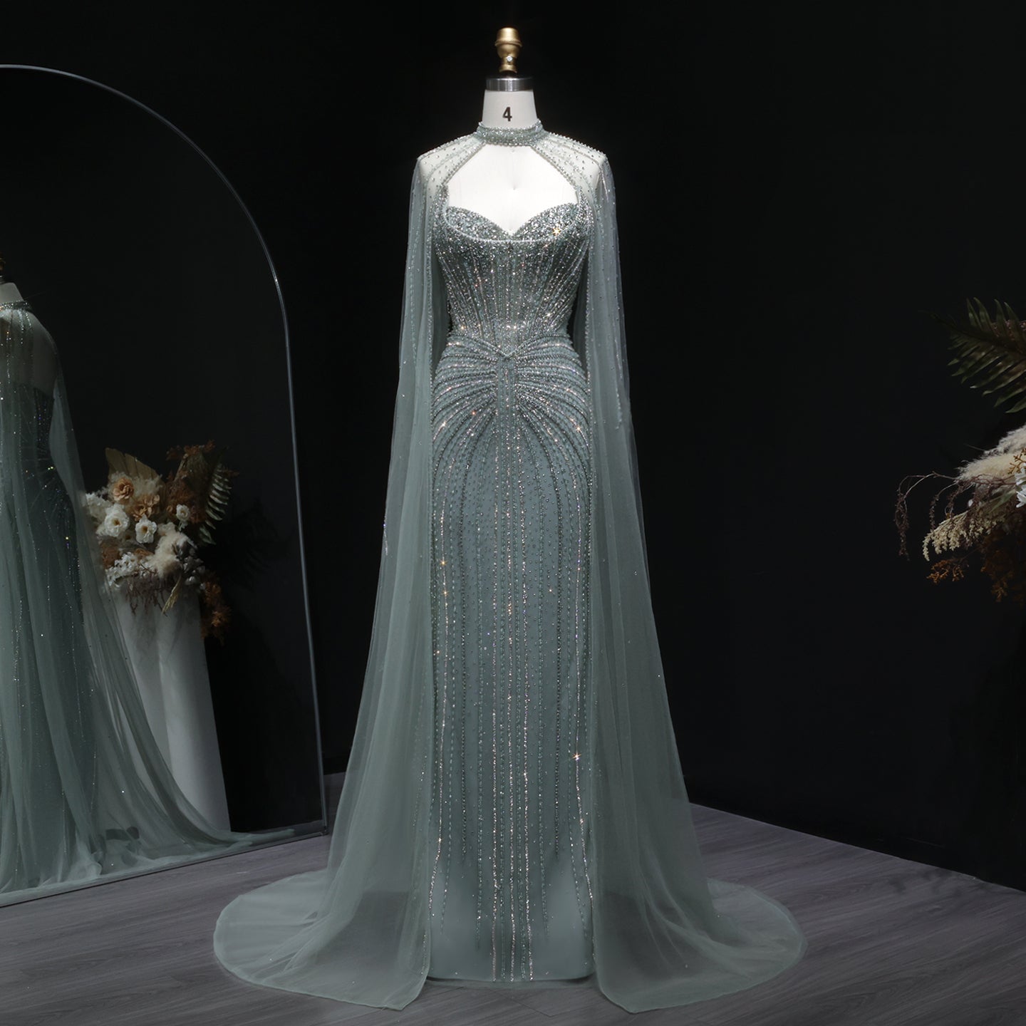 Luxury Mermaid Beaded Evening Dress with Cape SS156  Green / US 16