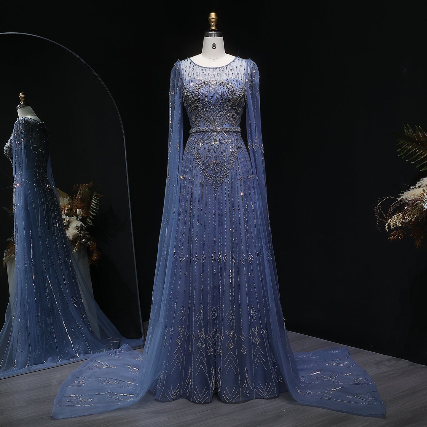 Luxury Blue Beaded Evening Dress with Cape Sleeves SS236