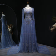 Luxury Blue Beaded Evening Dress with Cape Sleeves SS236