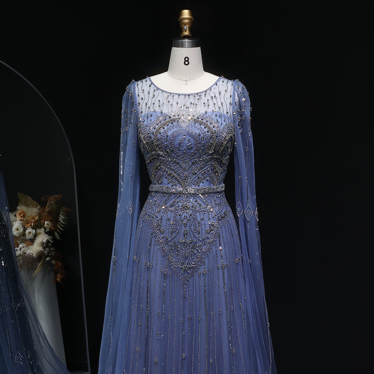 Luxury Blue Beaded Evening Dress with Cape Sleeves SS236