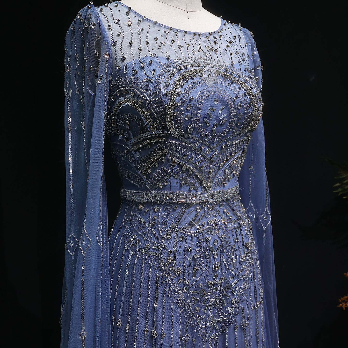 Luxury Blue Beaded Evening Dress with Cape Sleeves SS236
