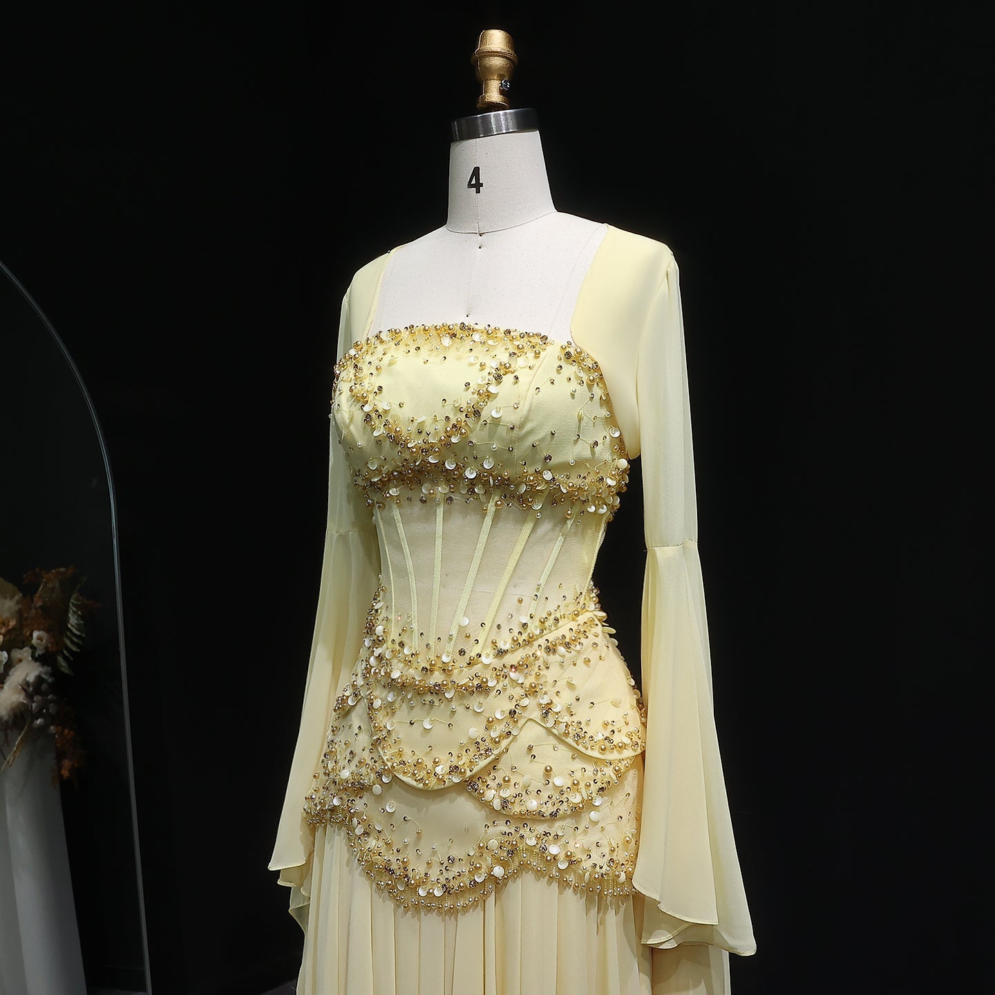 Luxury Pearls Tassel Blue and Yellow Evening Dress with Flowing coat SS286