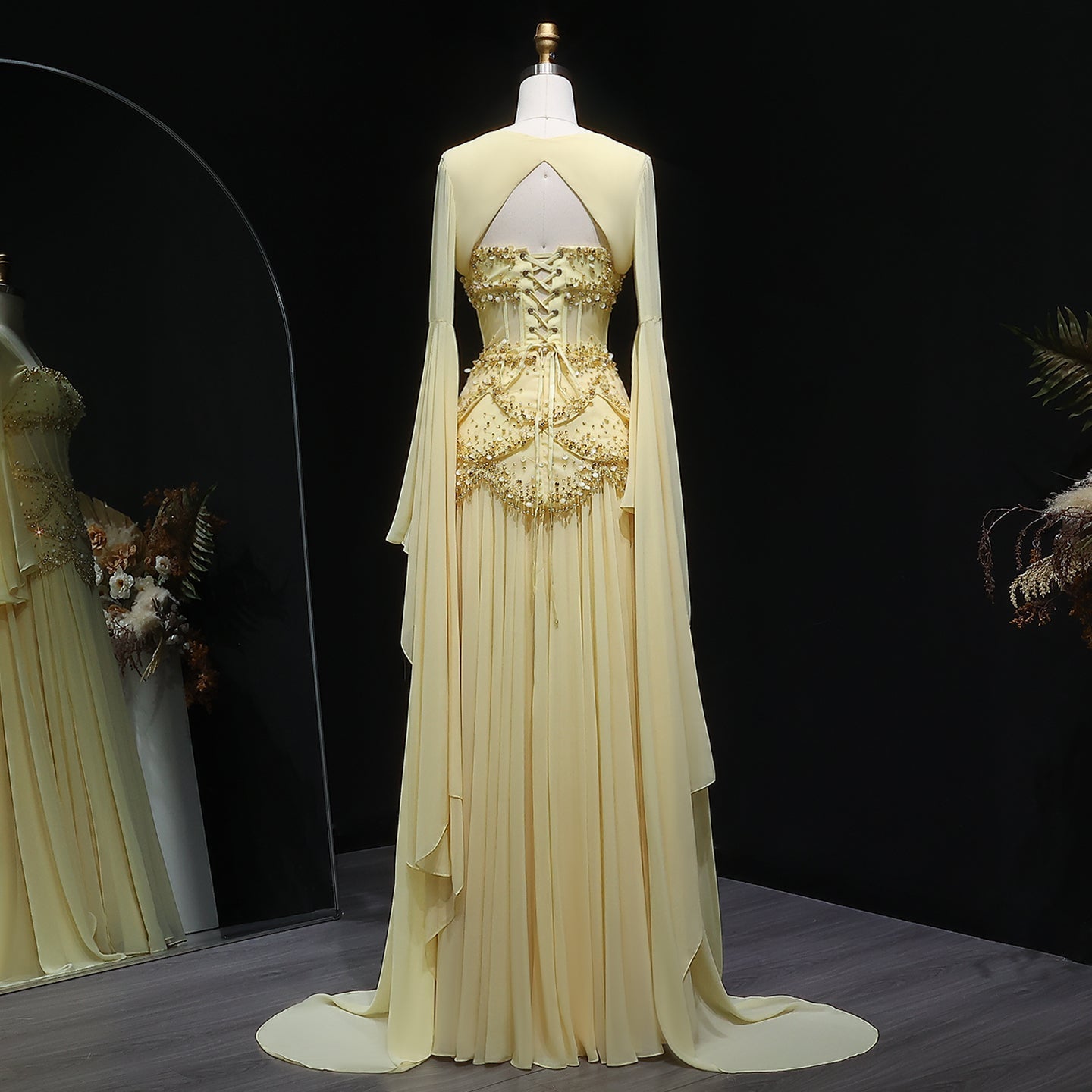 Luxury Pearls Tassel Blue and Yellow Evening Dress with Flowing coat SS286