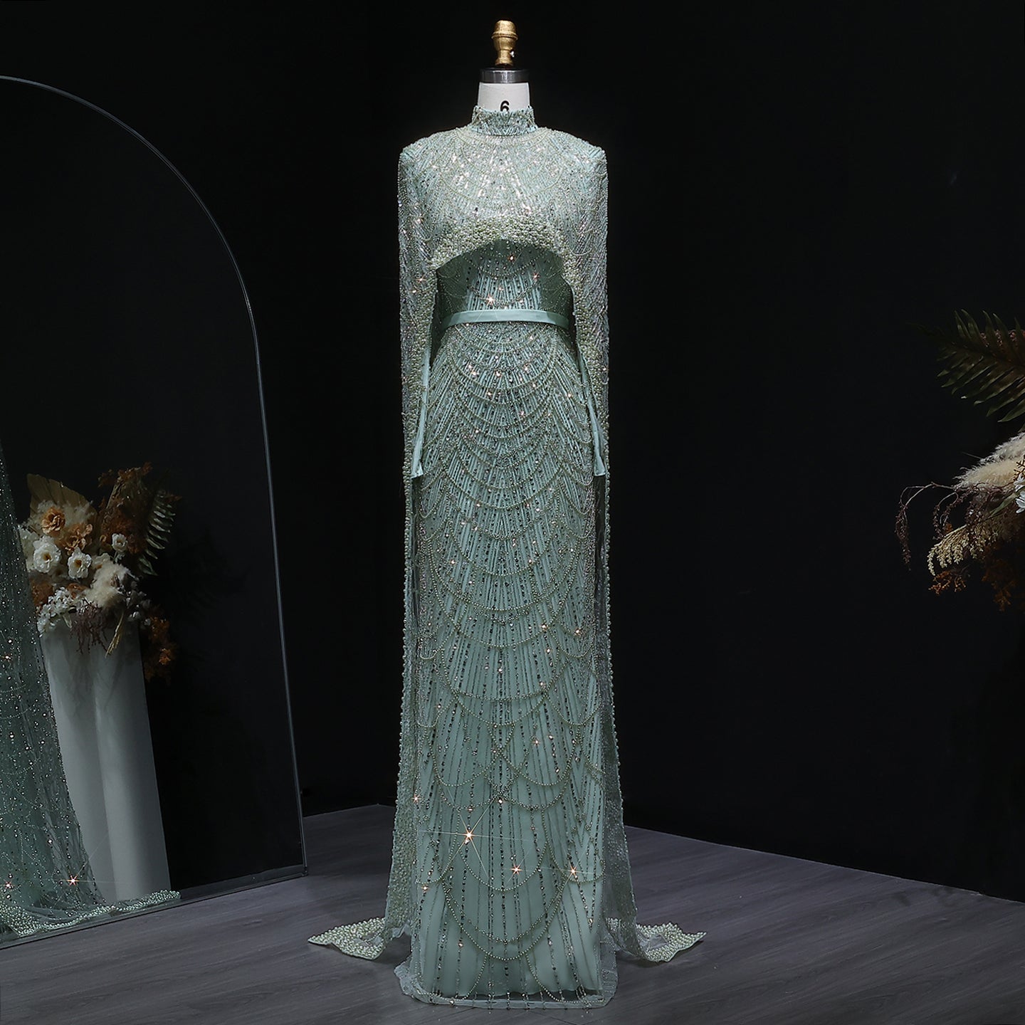 Luxury Long Sleeves Nude Evening Dress with Cape SS369A  Mint Green / US 20