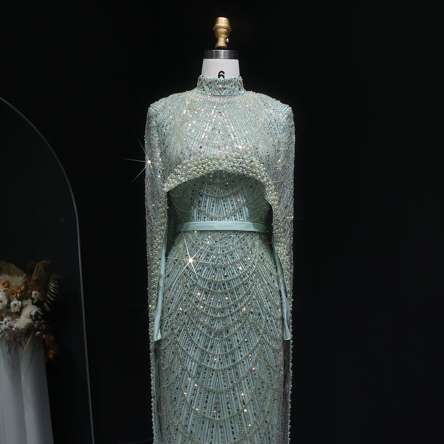 Luxury Long Sleeves Nude Evening Dress with Cape SS369A