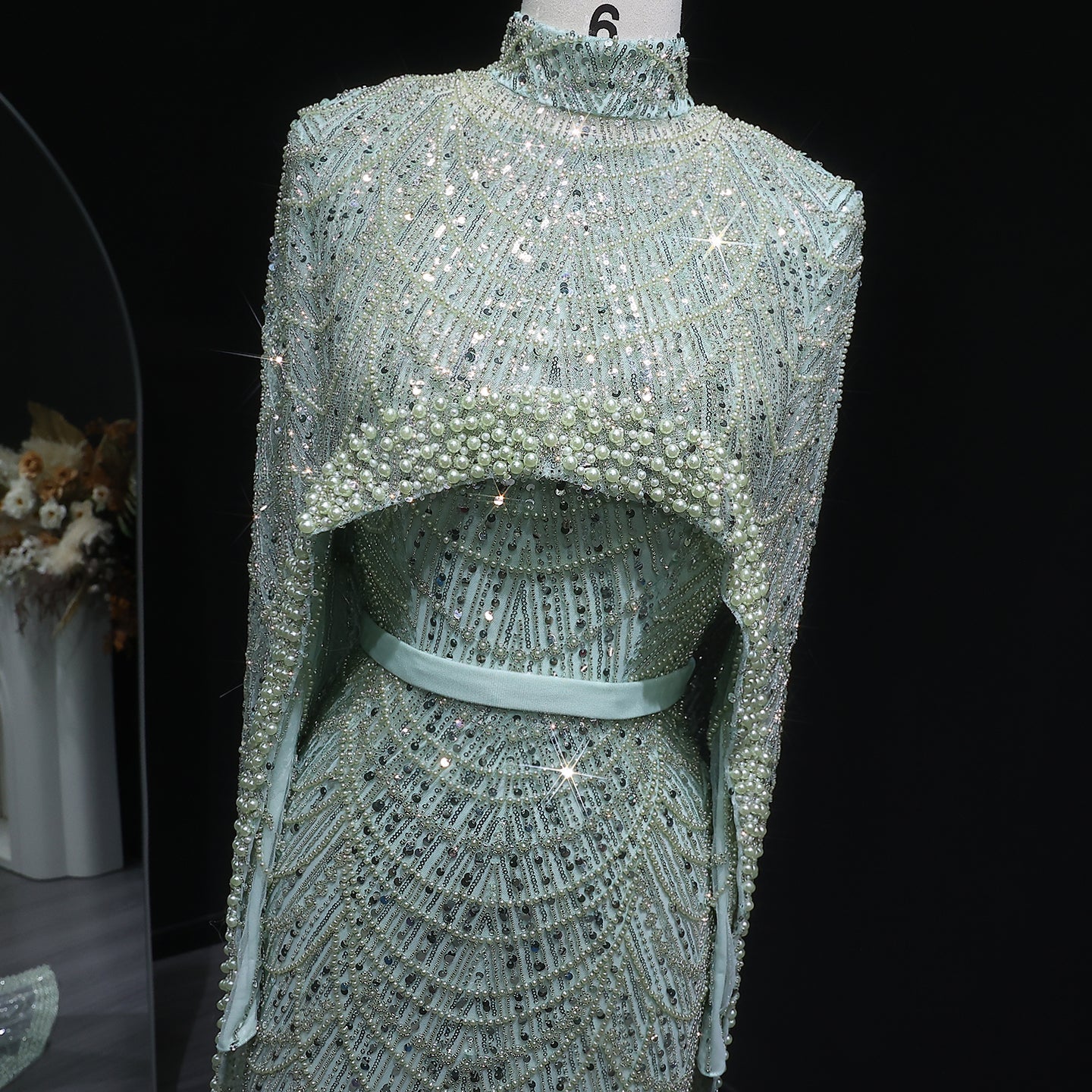 Luxury Long Sleeves Nude Evening Dress with Cape SS369A