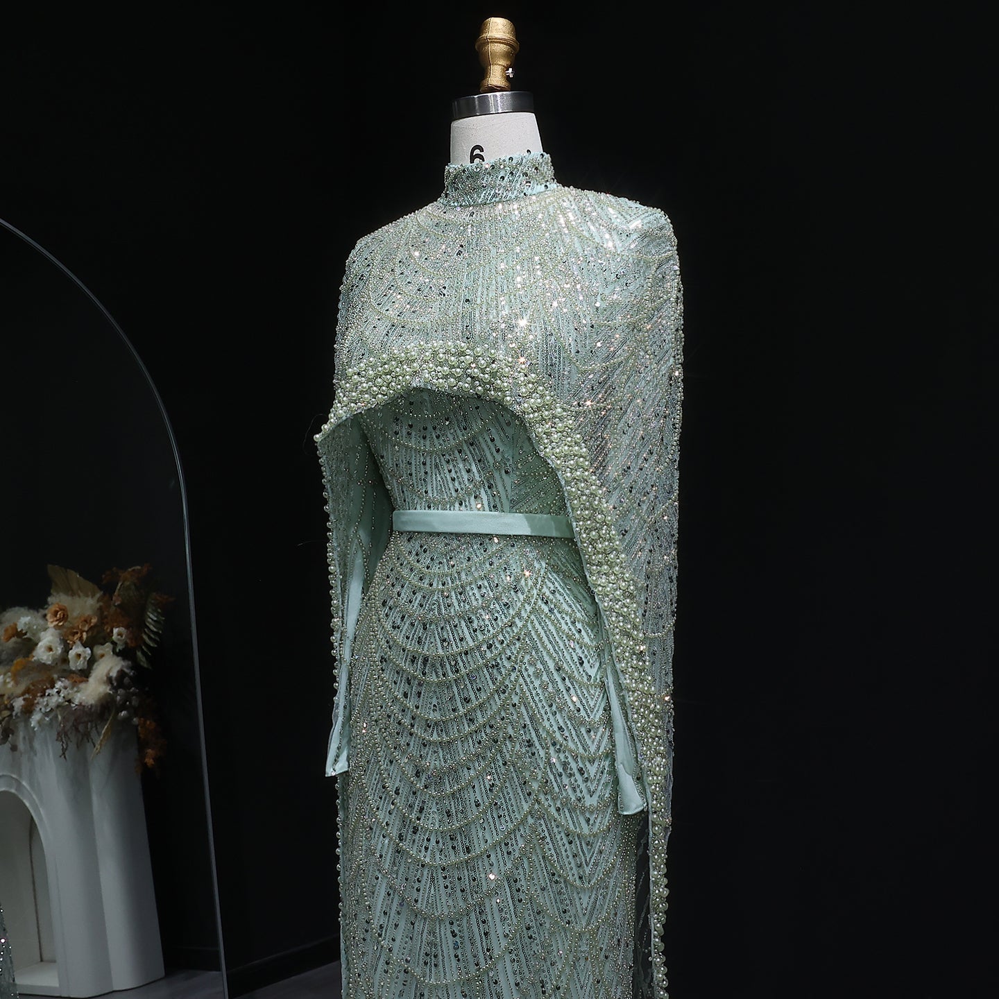 Luxury Long Sleeves Nude Evening Dress with Cape SS369A