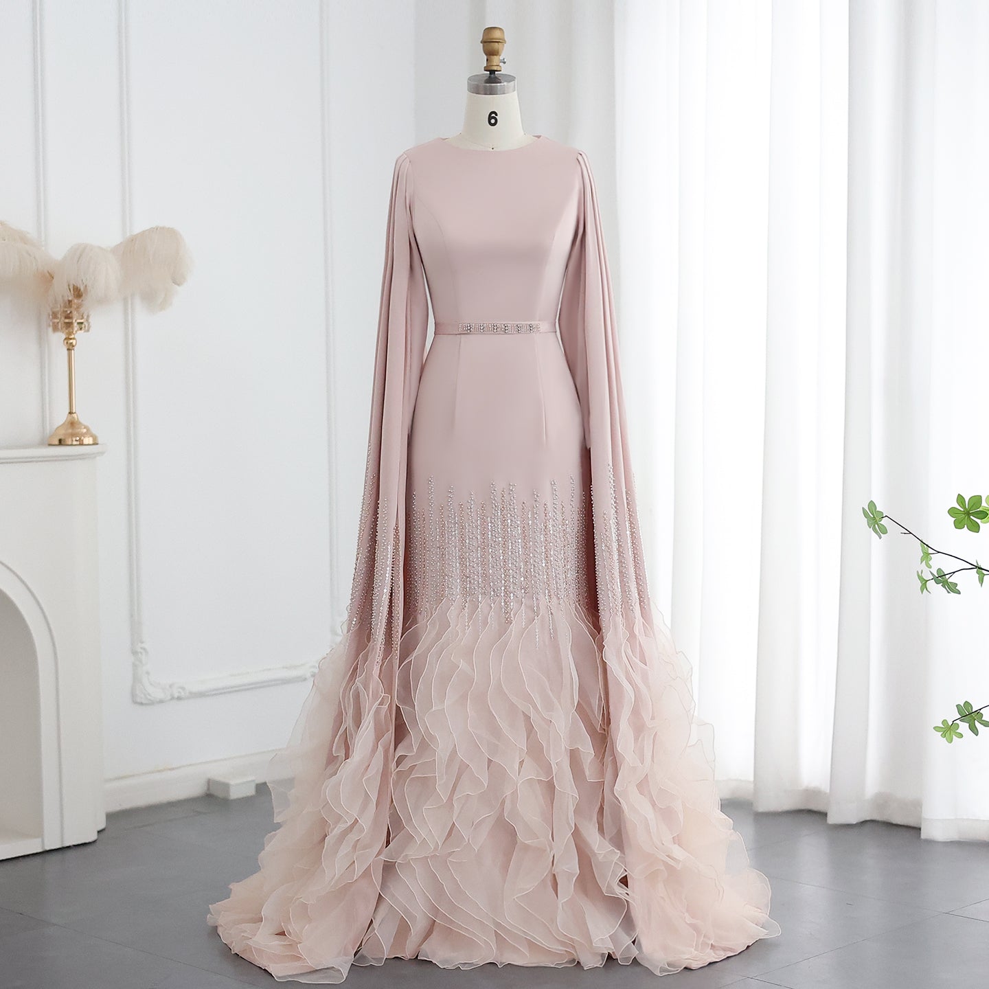 Luxury Nude Ruffles Evening Dress with Cape Sleeves SS440 