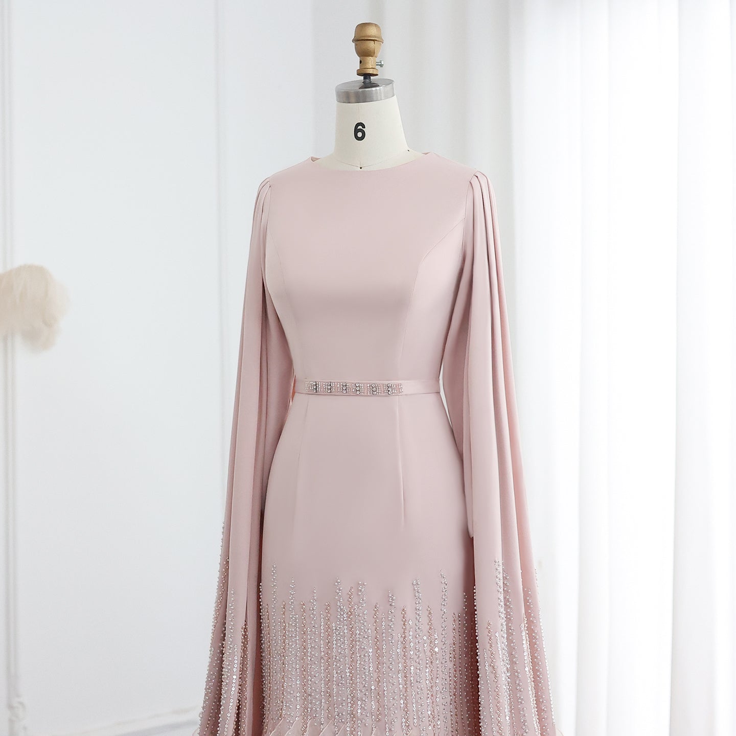 Luxury Nude Ruffles Evening Dress with Cape Sleeves SS440 