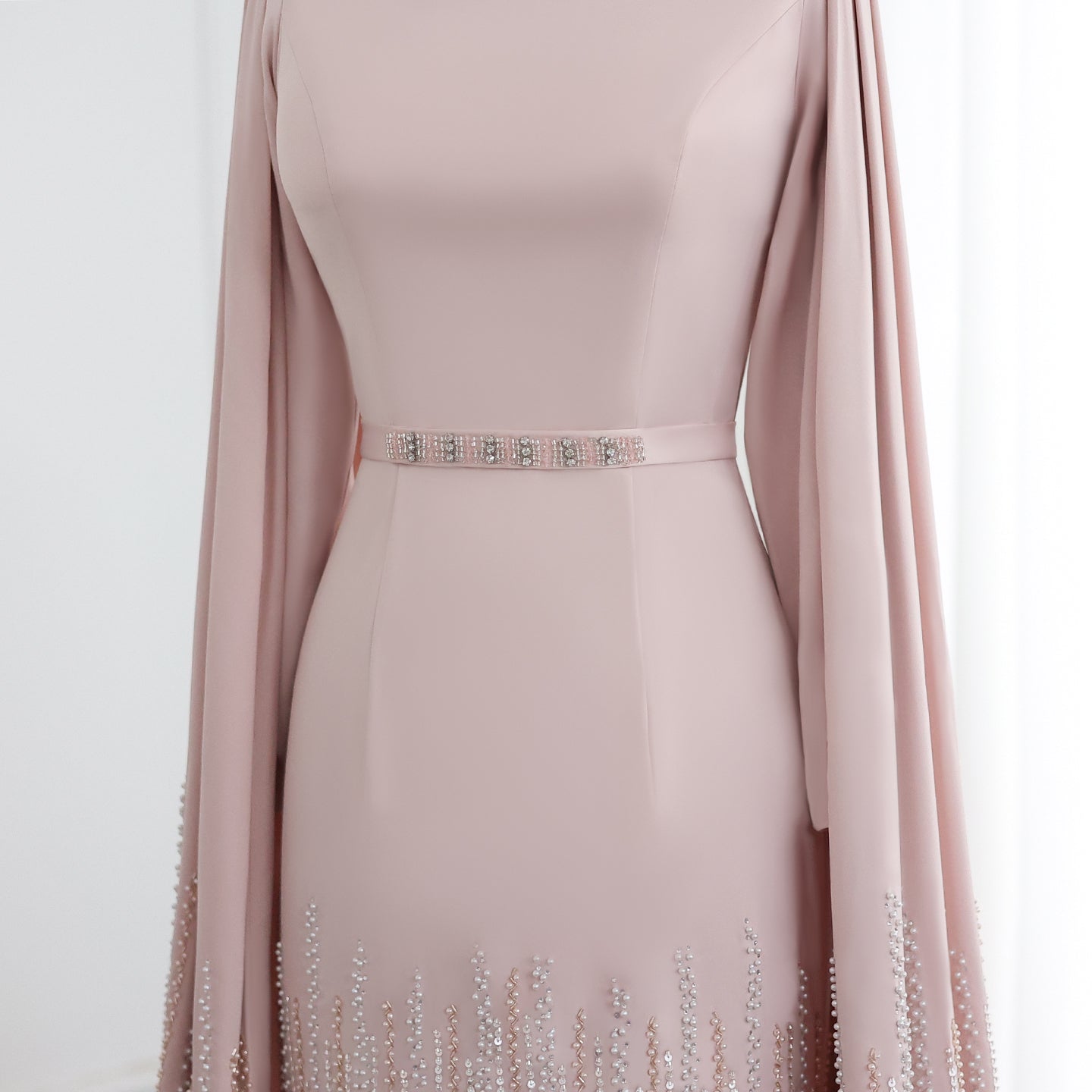 Luxury Nude Ruffles Evening Dress with Cape Sleeves SS440 