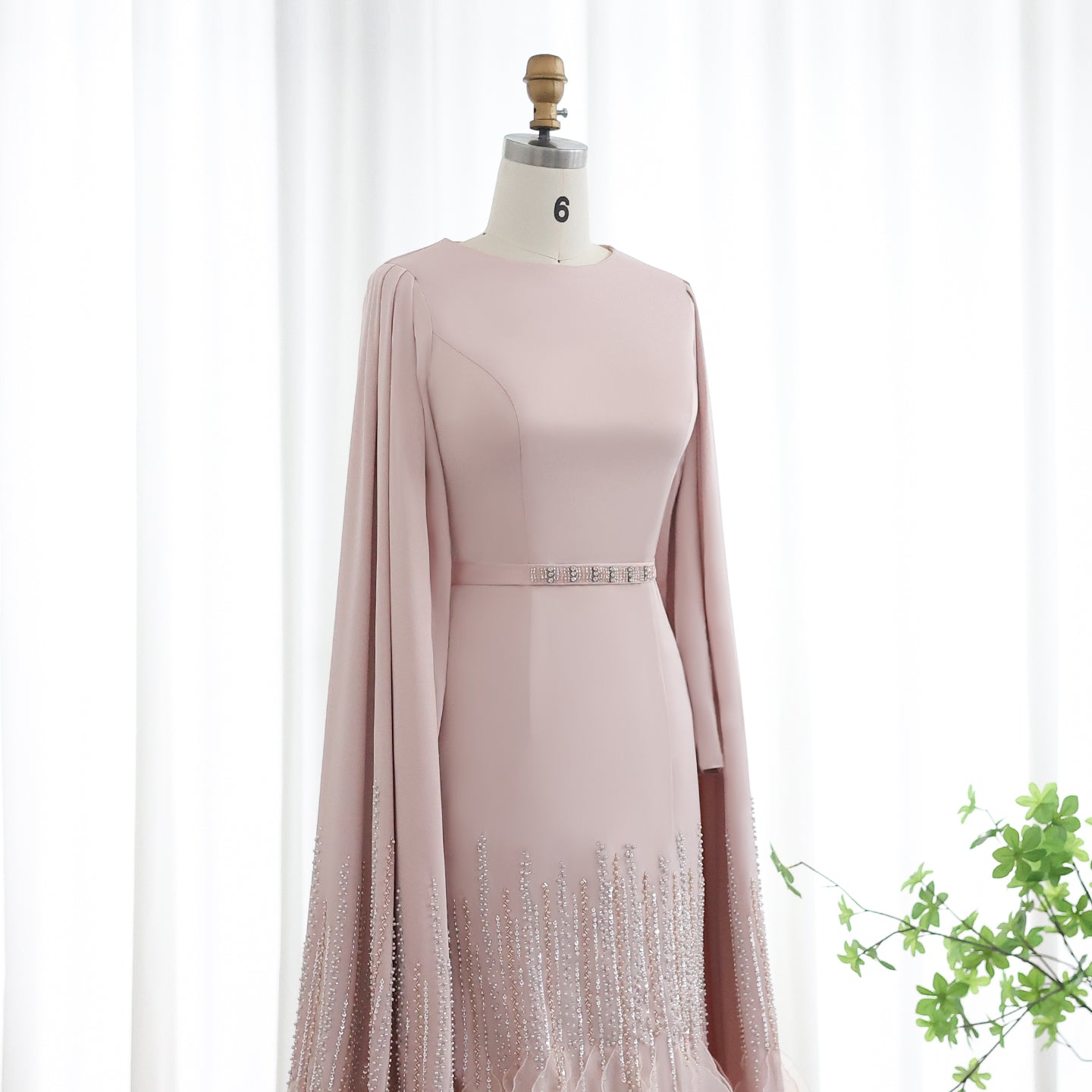Luxury Nude Ruffles Evening Dress with Cape Sleeves SS440 