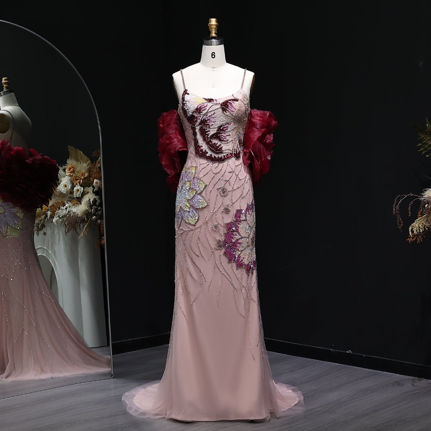 Luxury Pink Floral Beaded Evening Dress with Burgundy Shawl SS515