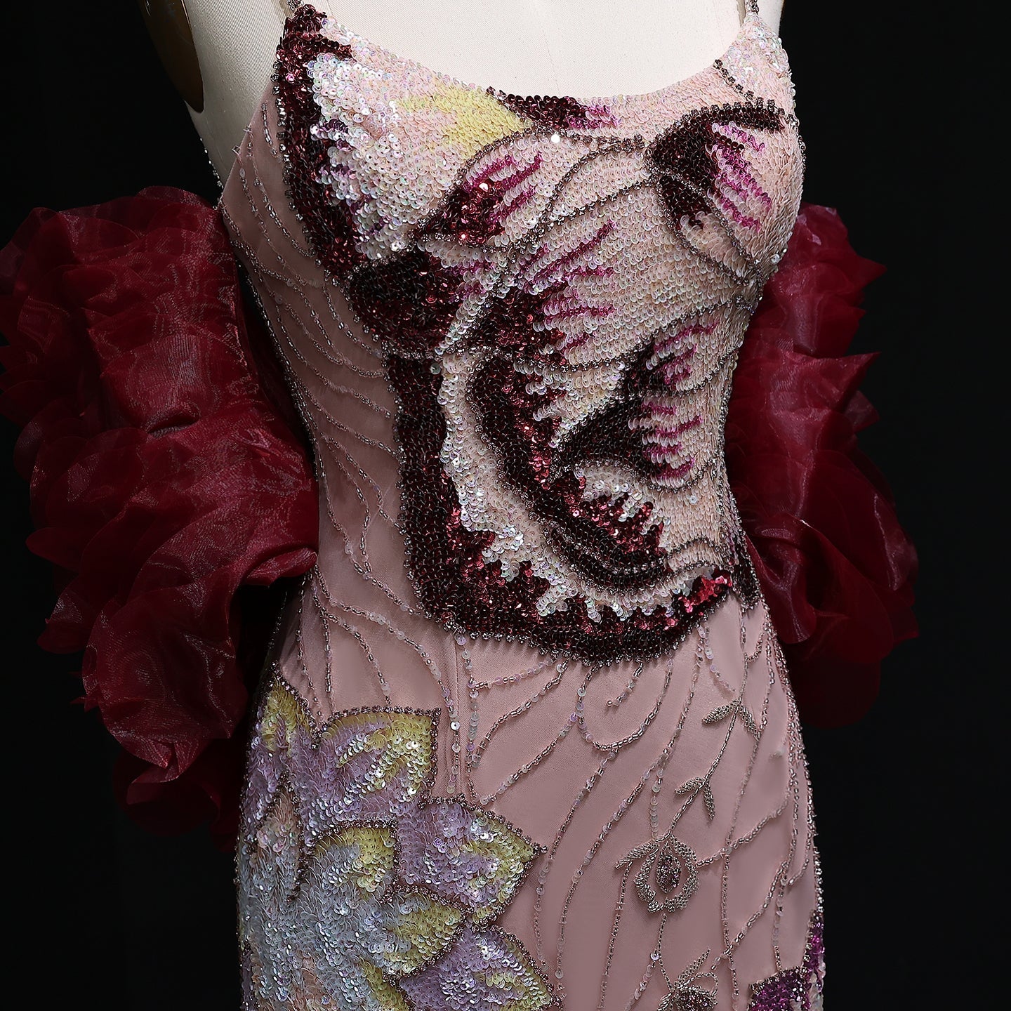 Luxury Pink Floral Beaded Evening Dress with Burgundy Shawl SS515