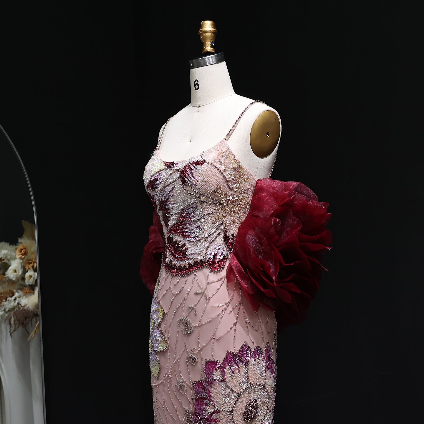 Luxury Pink Floral Beaded Evening Dress with Burgundy Shawl SS515