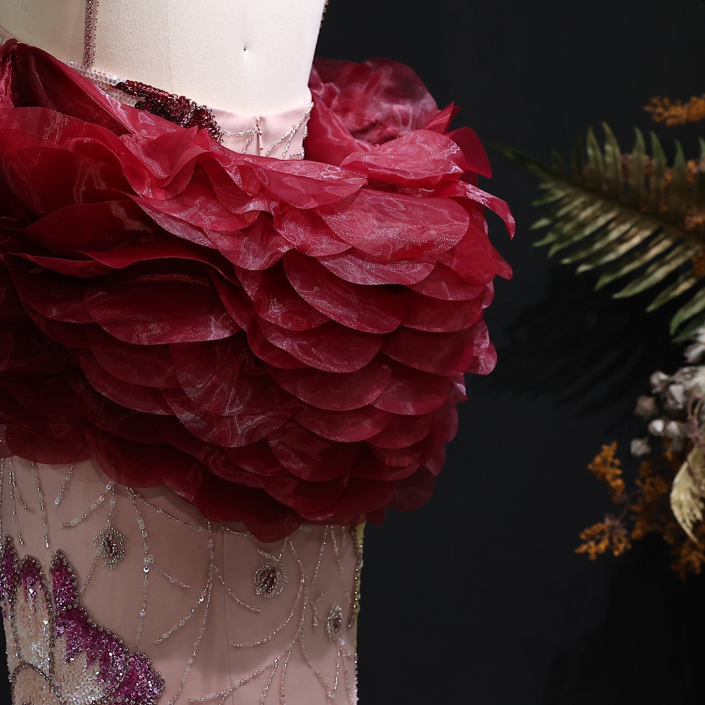 Luxury Pink Floral Beaded Evening Dress with Burgundy Shawl SS515